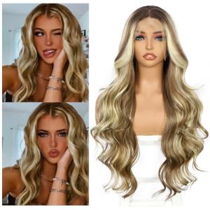 Sapphirewigs brillant couleur blonde dentelle avant perruque synthétique corps vague blonde balayage perruque femmes partie Date usure quotidienne look naturel Noël perruque 26 pouces (Sapphirewigs Store EU, neuf)