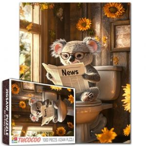 Puzzle koala mignon de 1000 pièces pour adultes - Puzzle animal amusant avec lunettes de lecture de journal sur les toilettes - Puzzles fantaisistes pour salle de bain - Tournesols rustiques (CocooTu, neuf)