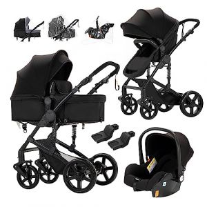 Prokoke Poussette 3 en 1, Poussette Bebe avec Conception Pliable en Un Clic, Poussette Combinée Réversible Deux Façons de Pousser, Poussette Citadine Alliage d'aluminium à Cadre (black 588) (huangzhongguig, neuf)