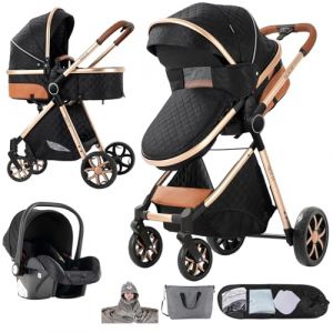 Nine point nine Poussette 3 en 1, Poussette Bebe avec Double Modes de Poussée Réversibles, Poussette Canne avec Grande Nacelle Confortable, Pousettes avec Cadre Aluminium Haute Paysage (YV9 Black) (Kaiwen baby products, neuf)