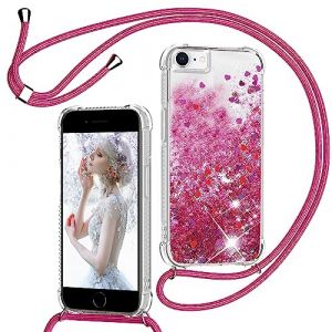 TUUTPU Coque pour iPhone 8/SE 2020/2022/7/6 avec Cordon, Paillette Liquide &Eacute;tui pour T&eacute;l&eacute;phone avec Lani&egrave;re, Transparent Silicone Collier R&eacute;glable Protection Housse Portable Lanyard Case, Barbie Rose (TUUTPU, neuf)