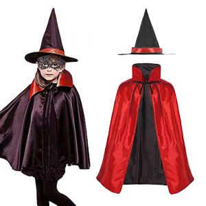 MIVAIUN Cape et Chapeau de Sorci&egrave;re, Costume de Magicien, Double Face Vampire Demon Cape pour Enfants Adultes, Rouge et Noir, 90 cm, pour Cosplay, Soir&eacute;es Masqu&eacute;es,No&euml;l de P&acirc;ques, Halloween (Rouge) (HONGXIN EU, neuf)