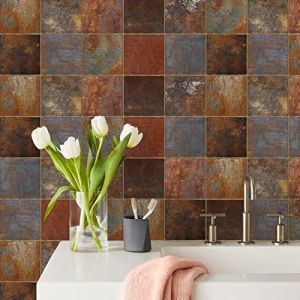 Carrelage Adh&eacute;sif 15x15cm Couleur Rouille Credence Adhesive pour Cuisine Brique,Stickers Muraux Salle de Bains Cuisine Carrelage Adhesif Mural avec Motifs de Carrelage Dalle Pvc Adhesive Murale (Blue Sail Trading, neuf)