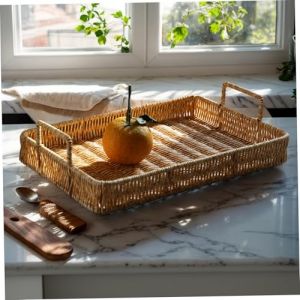 Bac de service tissé, 16,3x12.4x3.5 pouces en osier rectangle avec poignées, panier de rangement en plastique fait main, plateau de table basse en rotin pour table d'accueil du café (EnShiZhouNieAiShangMaoYouXianGongSi, neuf)