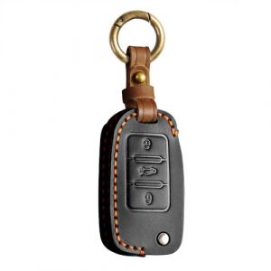 Étui de clé de voiture en cuir véritable compatible avec VW Volkswagen Polo Golf 4/5/6 Multivan T5 Caddy Jetta Bora Superb Passat Skoda Fabia Seat Ibiza 3 boutons de protection avec porte-clés (RXXR-EU, neuf)