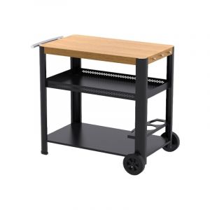 BRASERO - Desserte pour plancha Design Bois - Chariot Jardin extérieur - 2 Niveaux de Rangement, Crochets - Plateau Imitation Bois, 85x50 cm - Facile à déplacer, poignée - 2 Roues - Noir (FAVEX France, neuf)