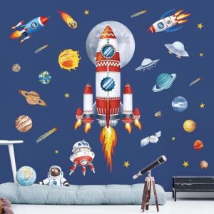 decalmile Stickers Muraux Grandes Fusées Planètes Autocollant Mural Solaire Système Astronaute Étoiles Décoration Murale Garçon Chambre Bébé Pépinière Salon (DecalMile Direct, neuf)