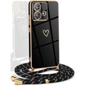 YAMCCCSE Coque avec Cordon Compatible avec Motorola Moto G53 5G, Galvanoplastie Motif Coeur d'amour Housse Antichoc TPU Silicone, R&eacute;glable Etui avec Lani&egrave;re pour Motorola Moto G53 5G,Noir (YAMCCCSE, neuf)