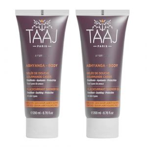 TAAJ | Gel&eacute;e de Douche Cassis Abhyanga | Vertus Anti-Oxydant | Nettoie la Peau en Douceur | La peau est D&eacute;licatement Parfum&eacute;e | Fabriqu&eacute; en France | Vegan | CrueltyFree | Lot de 2x 200ml (Cosmeco, neuf)