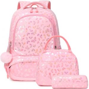 Kimwadalh Peluche Cartable Fille Papillon Sac à Dos Primaire Cartable Enfant pour Scolaire Primaire Fille Sets de Sacs Scolaires CE1 CE2 + Isotherme Panier Repas + Trousse (Shinetone, neuf)