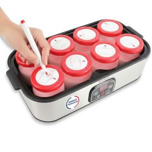 Yaourti&egrave;re Inox Am&eacute;lior&eacute;e Compacte. 84 Recettes et Notice fran&ccedil;aise. Couvercle herm&eacute;tique avec Etiquette et Marqueur Inclus. 8 pots x 180ml en Verre sans BPA. Ecran LCD. Minuterie et Arr&ecirc;t Automatique (Virtuoasis, neuf)