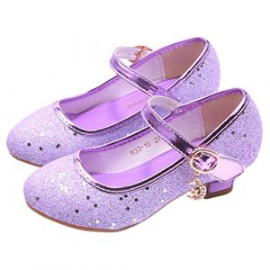 JLHu Fille Bout Fermé Chaussures de Princesse Elsa Cendrillon Aurora Talon Haut Chaussures pour Déguisement Enfant Anniversaire Carnaval Noël Soirée Mariage Sandales Antidérapante,Violet,32 (aodongou, neuf)