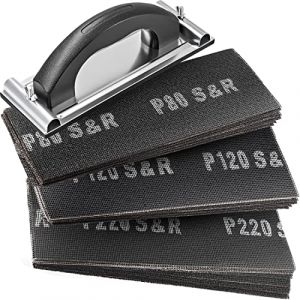 S&R Papier Abrasif Poncage Placo Plâtre Feuilles Patins Ponceuse 30Pcs (10 x P80 / P120 / P220) + Bloc de Ponçage Manuel. Papier abrasif Placoplâtre Bois Métal (Werkzeugbar, neuf)