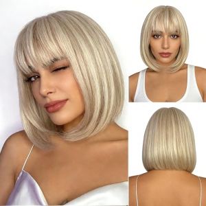 XPJBKC Perruque Blonde Femme, Coupe Courte Perruque Femme Naturelle Blonde avec Frange, Court Droite Blonde Bob Perruques Cheveux Synth&eacute;tiques pour Carnaval, Cosplay, Halloween, Soir&eacute;es (XKDEU, neuf)