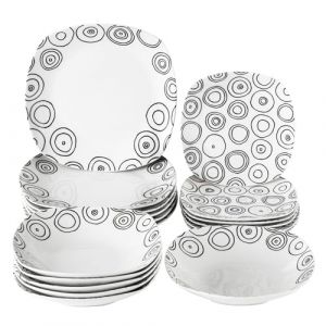 Baroni Home Service d'assiettes de 18 pièces en porcelaine et grès, servi de table colorée pour 6 personnes, assiette creuse, assiette, fruits ou sucrés (cercles noirs) (Baroni Home, neuf)