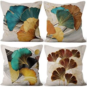 Uiiooazy Housse Coussin Feuilles, Taie Oreiller Feuilles d'ginkgo Turquoise et Or Velours Housse de Coussin Carré Taie d'oreiller de Canapé Housse de Coussin pour Lit Salon Maison, Lot de 4, 50x50cm (dongguibinjingpinxiaodianpu, neuf)