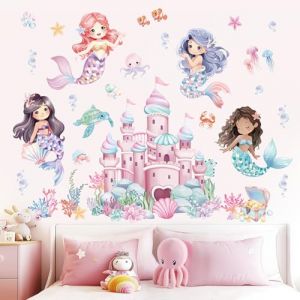 wondever Stickers Muraux Sous la Mer Sirène Château Autocollants Muraux Mural Stickers Océan Algues Poisson pour Chambre Fille Bébé Pépinière (Wondever EU, neuf)