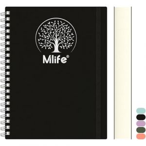 Mlife Carnet A5 ligné, 300 pages, cahier à spirale, couverture rigide en PVC avec imprimé arbre de vie, papier inscriptible 100 g/m², pochettes extensibles, bandes élastiques,14,5 x 21 cm - Noir (Qcore, neuf)