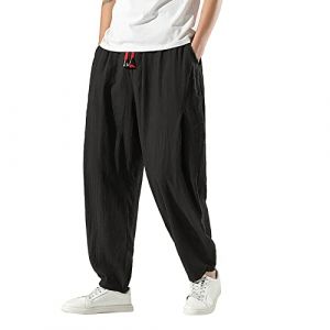 Generisch 2025 - Pantalon bouffant en lin et coton pour homme - Pantalon d'été - Pantalon de loisirs respirant - Pantalon d'haltérophilie, Noir , 4XL (⭐⭐⭐⭐⭐Five star⭐⭐⭐⭐⭐⭐, neuf)