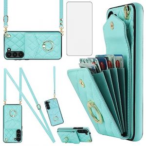 Asuwish Coque pour Samsung Galaxy S23 5G Portefeuille avec Verre Tremp&eacute; et Anneau Support Cordon Porte Carte Chaine PU Cuir &Eacute;tui Housse S 23 23S Protege Ecran Antichoc Etui T&eacute;l&eacute;phone Case Femme Cyan (Asuwish FC UK Store, neuf)