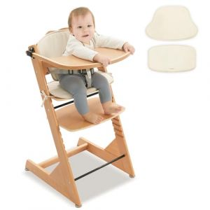 LUE BONA Chaise Haute B&eacute;b&eacute; &Eacute;volutive, Chaise Haute en Bois 3 en 1 pour Jeunes, Chaise pour Enfants avec Coussin, Harnais & Plateau Amovible, Convient aux B&eacute;b&eacute;s et aux Jeunes Enfants, Naturelle (Colour Story, neuf)
