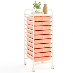 COSTWAY Chariot de Rangement à roulettes avec 10 Tiroirs Plastiques Amovibles, Tour de Rangement à roulettes, Cadre en Métal, Desserte pour Cuisine Salle de Bain École, 33x37x86cm (Rose Pêche) (FDS GmbH, neuf)