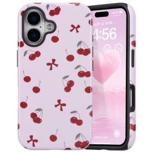 DEFBSC Coque pour iPhone 16, Joli N&oelig;ud Rose Imprim&eacute; Cerise Motif Esth&eacute;tique Et Tendance pour Femmes Et Filles Mince Durable Antichoc Coque Arri&egrave;re Rigide Hybride, Noeud Rouge/Brillant (SIYUTECH, neuf)
