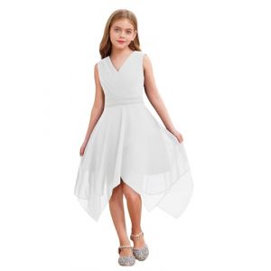 YiZYiF Enfant Fille Robe Princesse Habillée Mousseline Robes de Mariage Soirée Cocktail Cérémonie Asymétrique Col V sans Manches Robe Demoiselle d'honneur 7-16 Ans Blanc 11-12 Ans (Shifang, neuf)