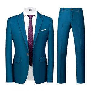 KUDORO Costume Homme 2 pièces Slim Fit Mariage Smoking Simple Poitrine à Un Bouton, Men Suits 2 Piece Lac Bleu pour Business Fête Confort Elégant Blazer Veste et Pantalon(Lac Bleu,3XL) (KUDORO, neuf)