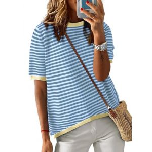 Cuptacc T-shirt en coton pour femme - Haut d'&eacute;t&eacute; ray&eacute; - Col rond - Basique - Manches courtes - Tunique &eacute;l&eacute;gante - Blanc et noir, bleu sarcelle, S (CuptaccFashion, neuf)