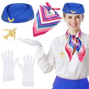 XEPST 4PCS Costume d'Hôtesse de l'Air pour Femme-Ensemble d'Accessoires de Costume d'Hôtesse de l'air avec Chapeau Écharpe Gants Broche pour Femme Halloween Cosplay Carnaval Déguisement, Bleu Roi (XEPST, neuf)