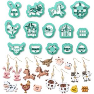 ORIGACH Lot de 14 emporte-pièces en argile polymère en forme d'animal de la ferme, pour la fabrication de boucles d'oreilles, vache, lapin, poulet, cochon, lion, ferme, maison, fabrication de bijoux (ORIGACH FR, neuf)