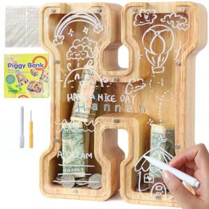 Lakpopya Tirelire en Bois Grande pour Enfant Adulte Tirelire Cochon Personnalis&eacute;e de Lettres A-Z avec Zone Cible Tirelire Billet Transparente Cr&eacute;ative pour Cadeau D&eacute;coration Bapt&ecirc;me (H) (Never fail, neuf)