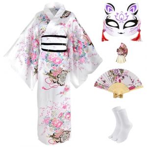 CRFASIBE 5 Pièces Kimono Femme Robe de Chambre, Kimono Floral Japonais Peignoir Yukata Geisha, Cosplay Costume Set avec Accessoires (Blanc) (YEEGERINC, neuf)