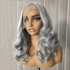 Perruque en dentelle pour femme - Cheveux synth&eacute;tiques ondul&eacute;s - Cheveux synth&eacute;tiques - Argent&eacute; et argent&eacute; (Liukai.W, neuf)