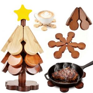 Dessous de Plat en Bois pour Noël, Dessous de Plat Pliable en Forme de Sapin, Décoration pour Fête de Noël, Tapis de Casserole, 3 sous Verres en Bois + 1 Support pour Boissons, Assiettes, Poêles (ISPAS STORE S.R.L.*, neuf)