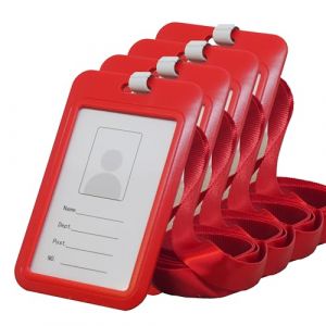 BAWAKO Lot de 4 pochettes pour carte d'identité, porte-carte d'identité avec cordon tour de cou, porte-badge en plastique rigide (rouge) (BAWAKO, neuf)