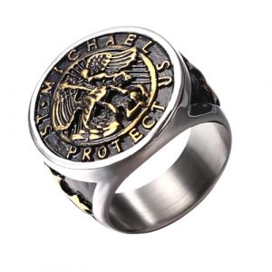 JewelryWe Bague Homme Chevalière Saint-Michel: Bague Chevalière Acier Inoxydable avec Insigne Religieux de Saint-Michel Style Biker Motard Amulette - Cadeau Homme Anniveraire Fête des Pères (JewelryWe Bijoux, neuf)