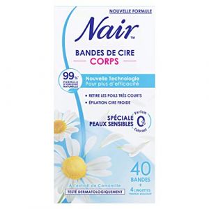 NAIR - Bandes de Cire Froide Corps, Spéciales Peaux Sensibles, à l'Extrait de Camomille, 99% d'Origine Naturelle, 40 Bandes + 4 Lingettes "Finition Douceur" (Elitezone, neuf)