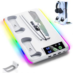 Zinueen Accessoires PS5 - Support pour PS5 Slim avec ventilateur à 3 niveaux / crochet pour casque / station de charge pour manette PS5 / 4 prises USB C / lumière LED - Support PS5 et refroidisseur (Zinueen, neuf)