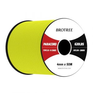 Brotree Paracorde 4mm 9 Brins Corde en 100% Nylon (15m, 30m, 50m) Type III Corde Parachute pour Survie, Extérieur, Bricolage - 280kg Charge de Rupture (Néon Jaune, 50m) (Brotree EU, neuf)