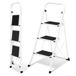 EUGAD Escabeau Pliant avec 3 Pédales, Échelle Domestique avec Marches et Pieds Antidérapants, Escabeau Portable, Marchepied Pliable, Facile à Ranger, Charge 150 kg, en Acier, Noir + Blanc (Eugad, neuf)