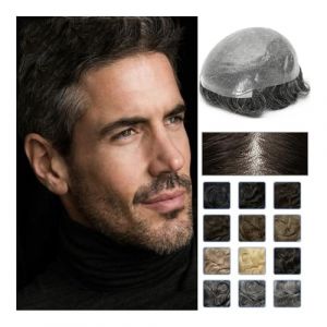 Toupet pour hommes Toupet de cheveux naturels for hommes, postiche avec nœuds avant de 0.06mm, système de remplacement en PU, cheveux humains Perruques(Darkest Brown,7x9) (birene, neuf)