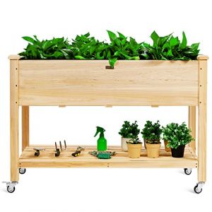 GOPLUS Carré Potager avec Roues Verrouillables, Jardinière Surélevée sur Pied en Bois avec Étagère de Rangement & Trou de Drainage pour Fleurs, Herbes, Légumes, Fruits, 120x59x84cm (Augenstern24, neuf)