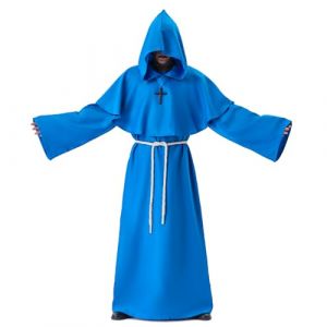 Myir JUN Deguisement Moine, Deguisement Halloween Homme Prêtre Médiéval Capot Encapuchonné Moine Costume avec Croix Renaissance Robe de Prêtre Halloween Robe (Bleu, XXL) (Myir JUN-EU, neuf)