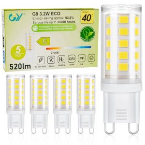 GY Ampoule G9 Led Blanc Chaud 2700K, 3.2W 520LM Equivalent 40W, Classe C Ampoule LED G9, 16mm x 50mm, 220-240V, Base en c&eacute;ramique, Non-Dimmable, Lot de 5 (GY STORE, neuf)