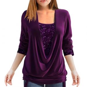 Chemisier Femme Paillettes Strass Sexy SoiréE Haut Faux Deux Pièces Ample à Smocks et Col en U à Sequins Blouses Manche Longue Chic Et éLéGant (⭐⭐⭐⭐⭐Zeiayuas, neuf)