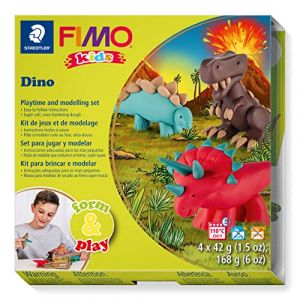 STAEDTLER - Fimo Kids Form&Play - Set "Les dinosaures" - 4 pains pâte à modeler 42 g assortis + 1 outil de modelage + 1 décor + notice d'utilisation détaillée - 8034 07 LY (Talat market FR, neuf)