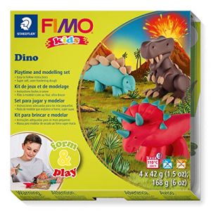 STAEDTLER - Fimo Kids Form&Play - Set "Les dinosaures" - 4 pains pâte à modeler 42 g assortis + 1 outil de modelage + 1 décor + notice d'utilisation détaillée - 8034 07 LY (Ponera, neuf)