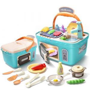 Cute Stone Ensemble de Pique-Nique et de Cuisine pour Enfants, Panier de Pique-Nique Portable avec Musique et Lumières, Aliments Changeants, Évier, Four et Autres Accessoires pour Garçons et Filles (DroneGuy, neuf)